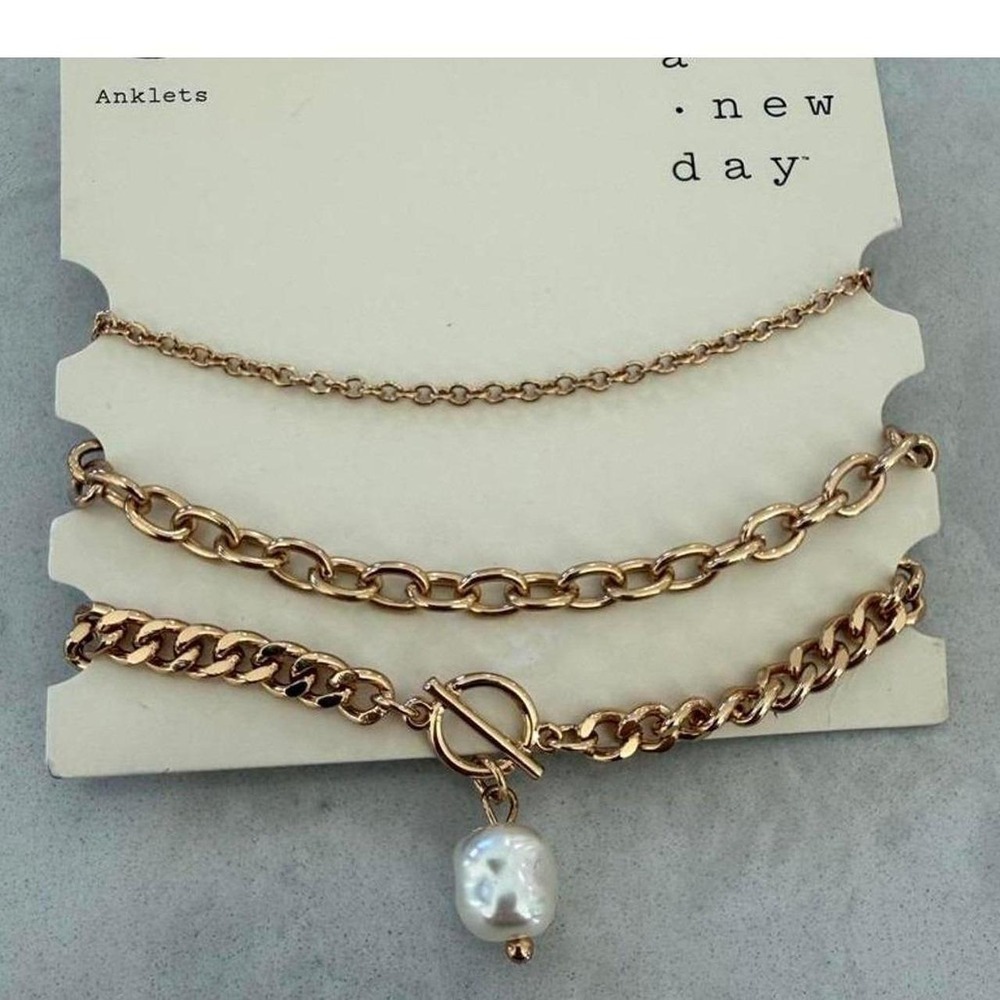 A New Day Gold Tone Layered Chain Anklet Faux Baroque Pearl Charm Toggle NWT